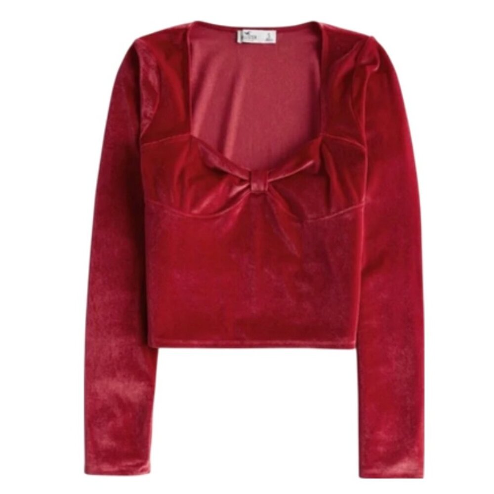 Hollister Red Velvet Bow Long Sleeve Top